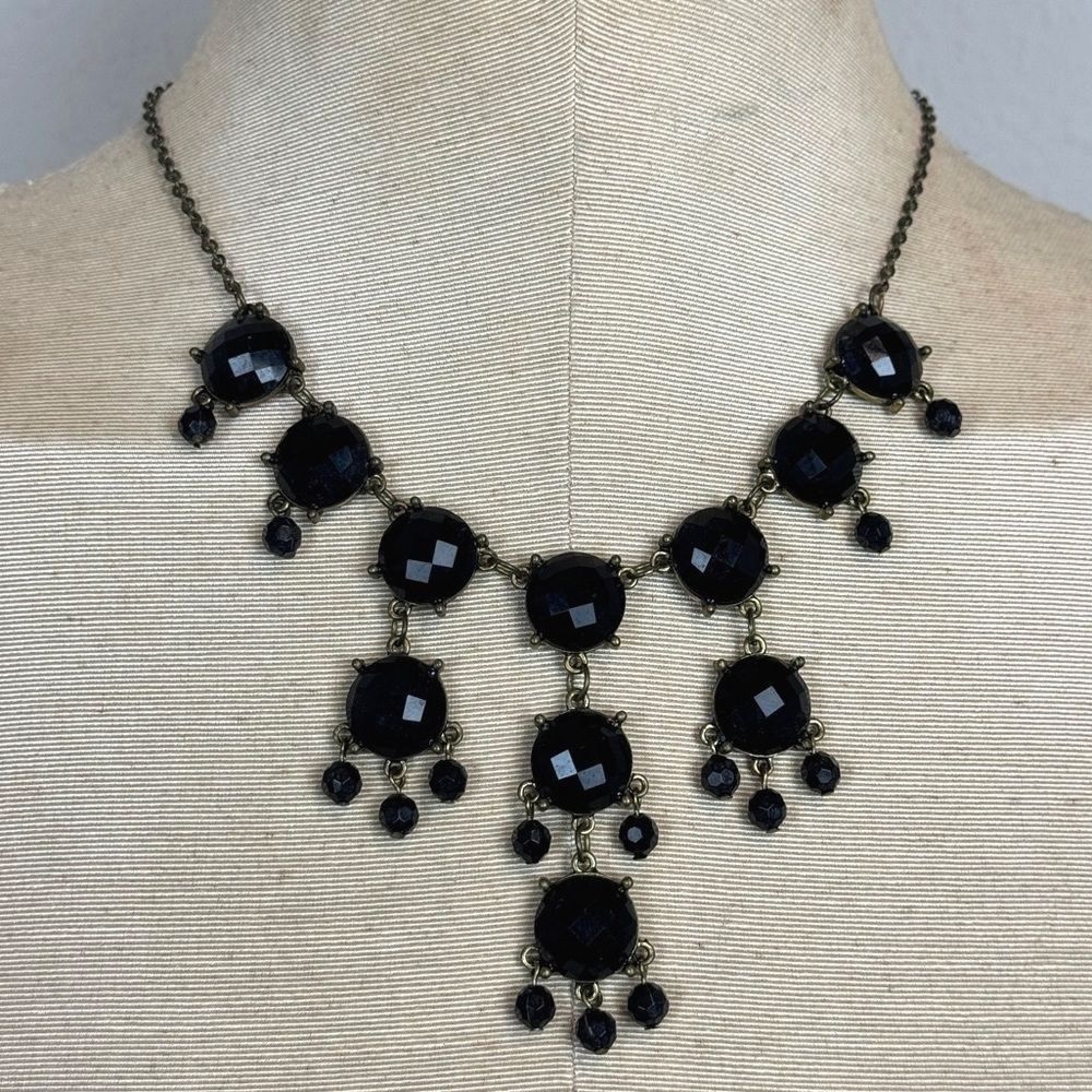 Black Gem Statement Drop Necklace 17-20”